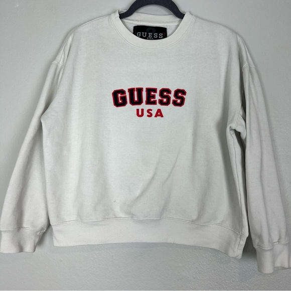Vintage Guess USA | Logo Crewneck Sweatshirt Cropped White Red Blue Cotton M - Picture 1 of 9
